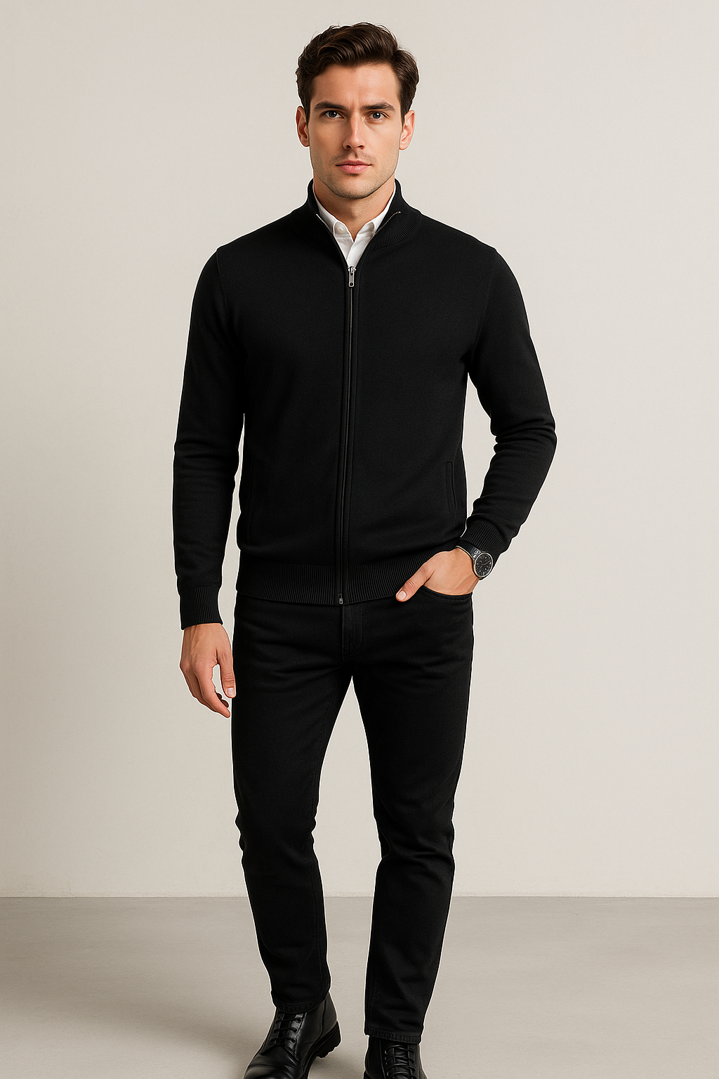 Suéteres Para Hombre De Punto Fino Básico Con Cierre E55304 Negro