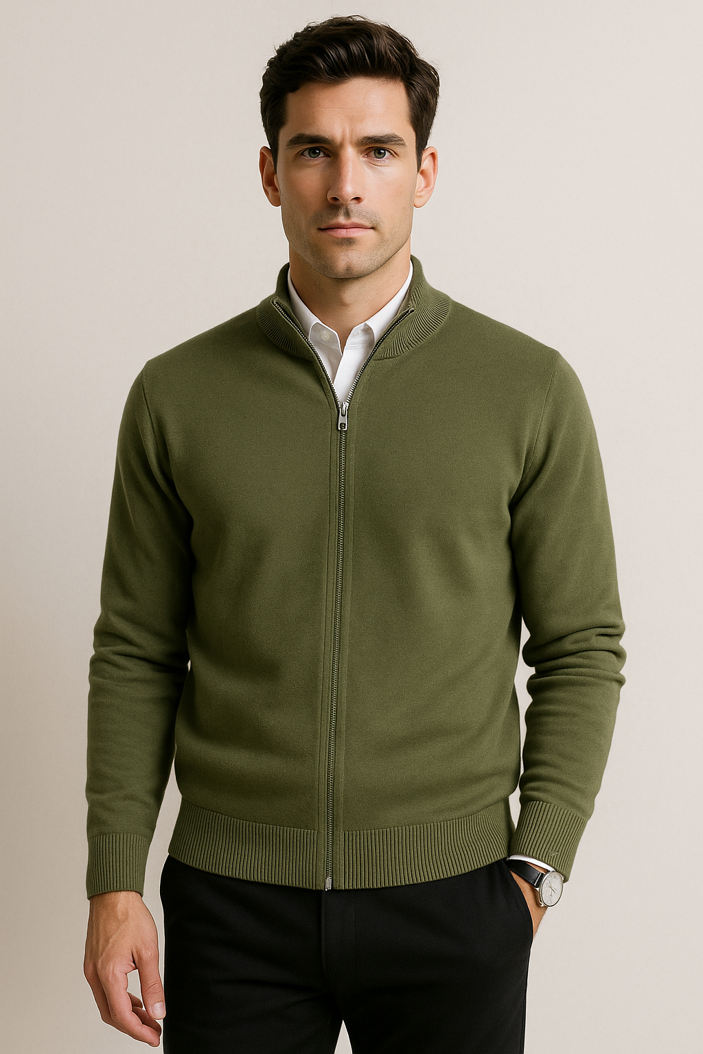 Suéteres Para Hombre De Punto Fino Básico Con Cierre E55304 Olivo