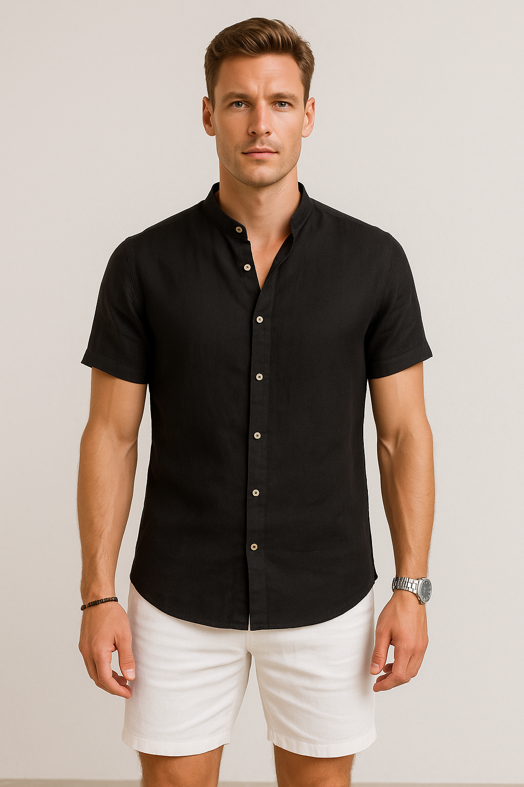 Camisas Para Hombre Lino Cuello Mao B51373 Negro – BOBOIS