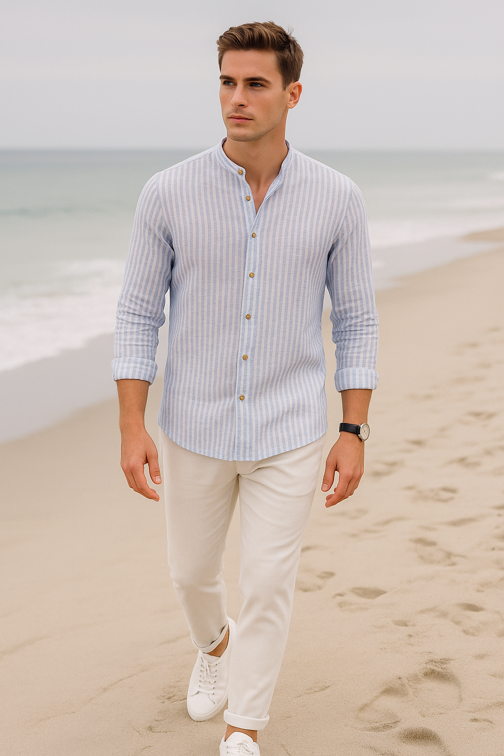 Camisas Para Hombre Tipo Lino Rayas B51324 Azul