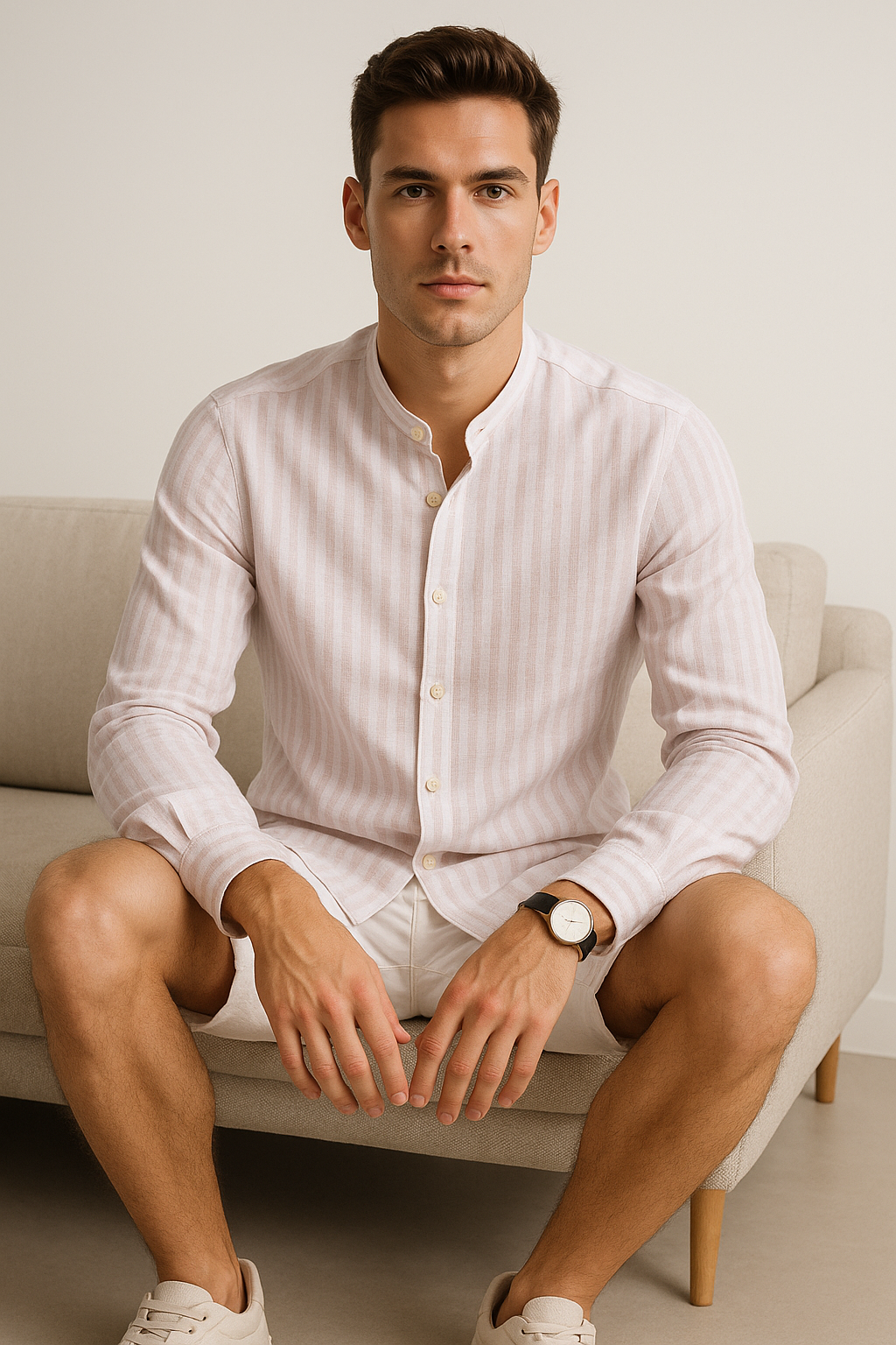 Camisas Para Hombre Tipo Lino Rayas B51324 Beige