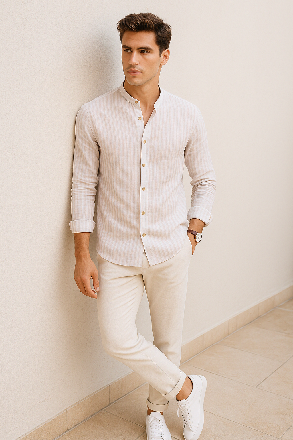 Camisas Para Hombre Tipo Lino Rayas B51324 Beige