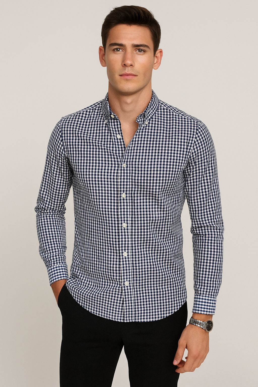 Camisas Para Hombre Manga Larga Cuadros B45213 Marino – BOBOIS