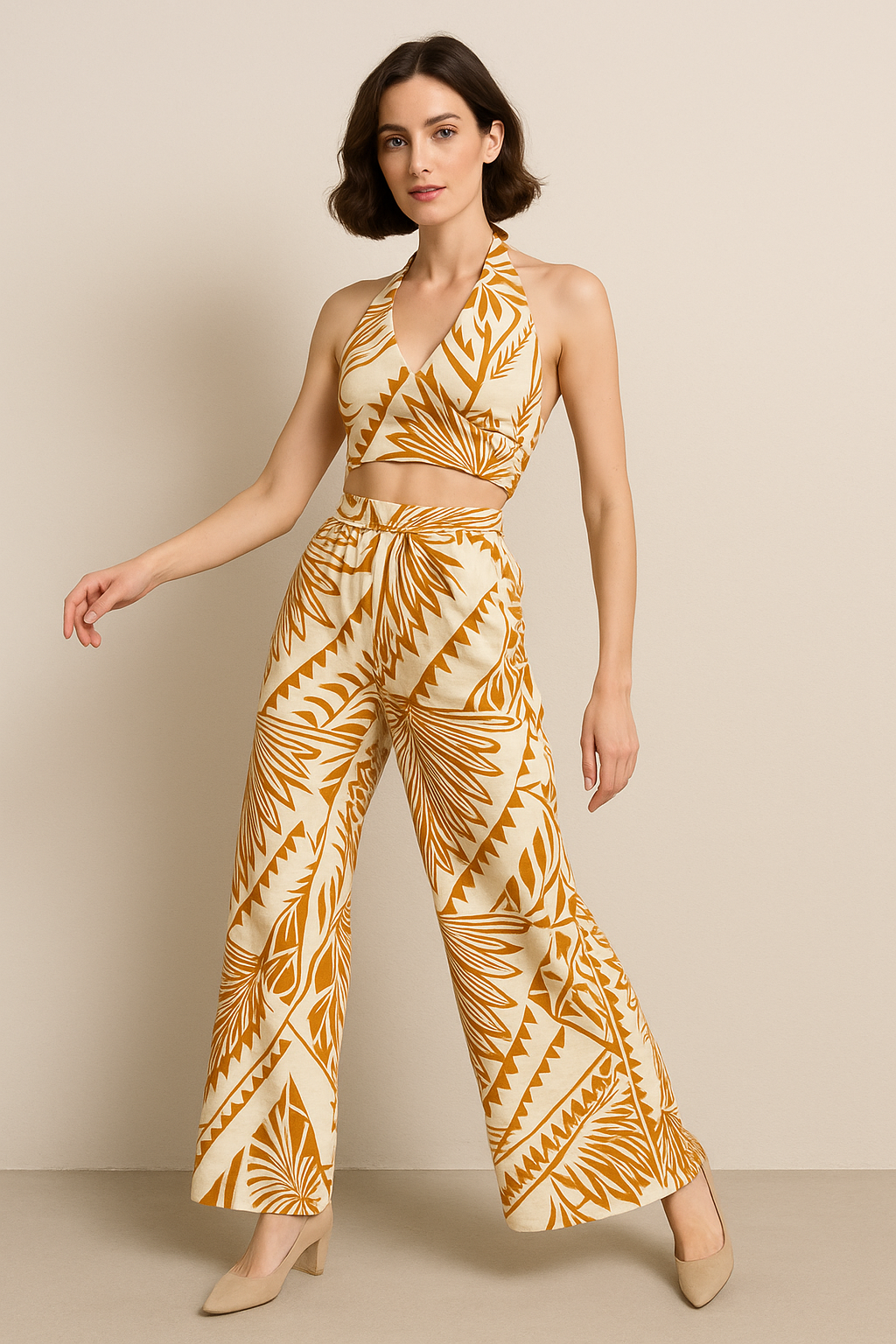 Pantalones Para Mujer Wide Leg Tipo Lino Estampado W51124 Ocre