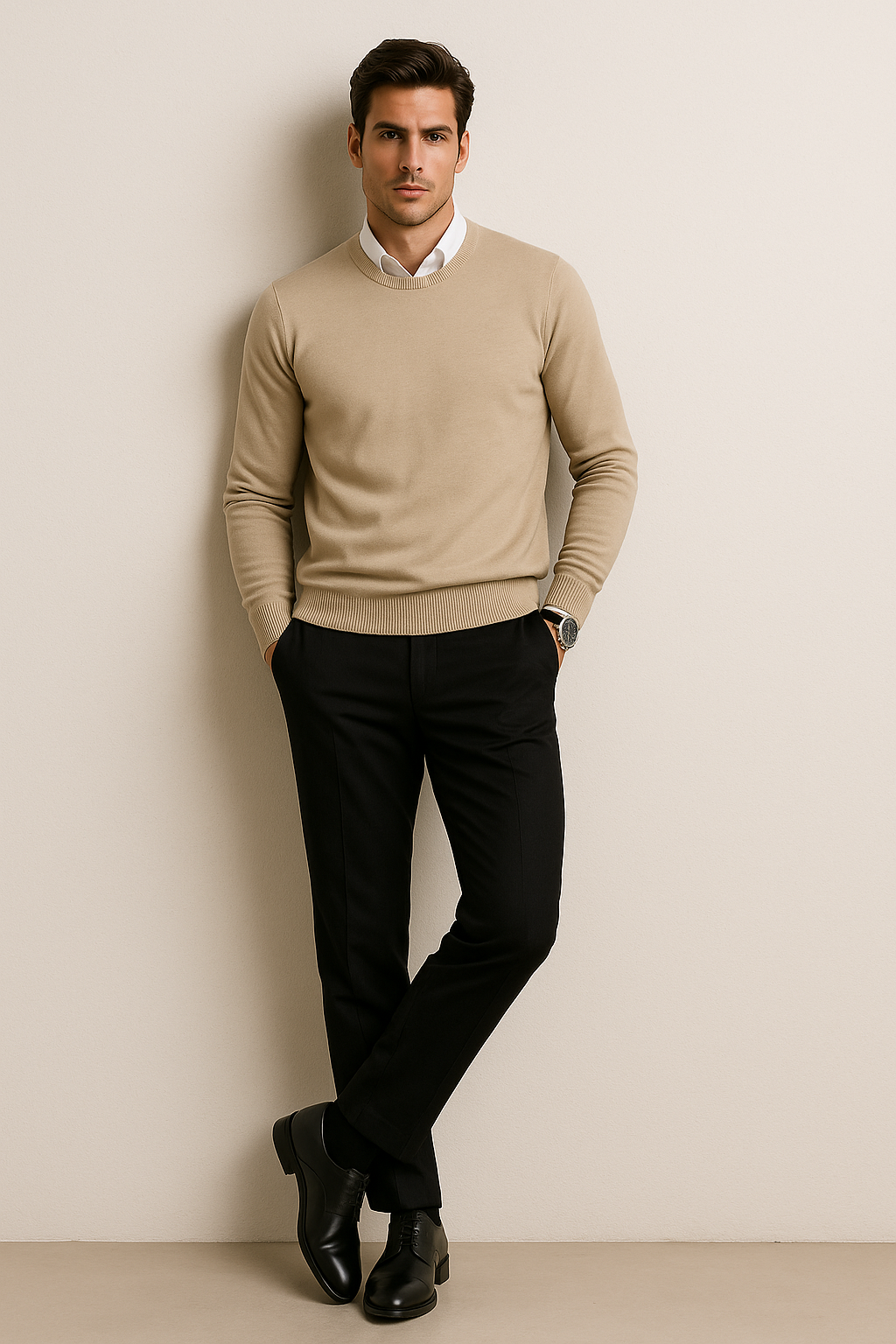 Suéteres Para Hombre Básico de Punto Fino E55301 Beige