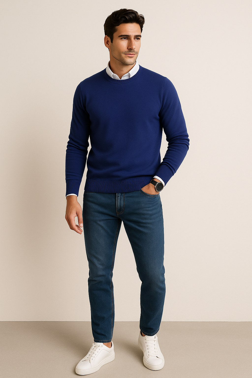 Suéteres Para Hombre Básico de Punto Fino E55301 Marino