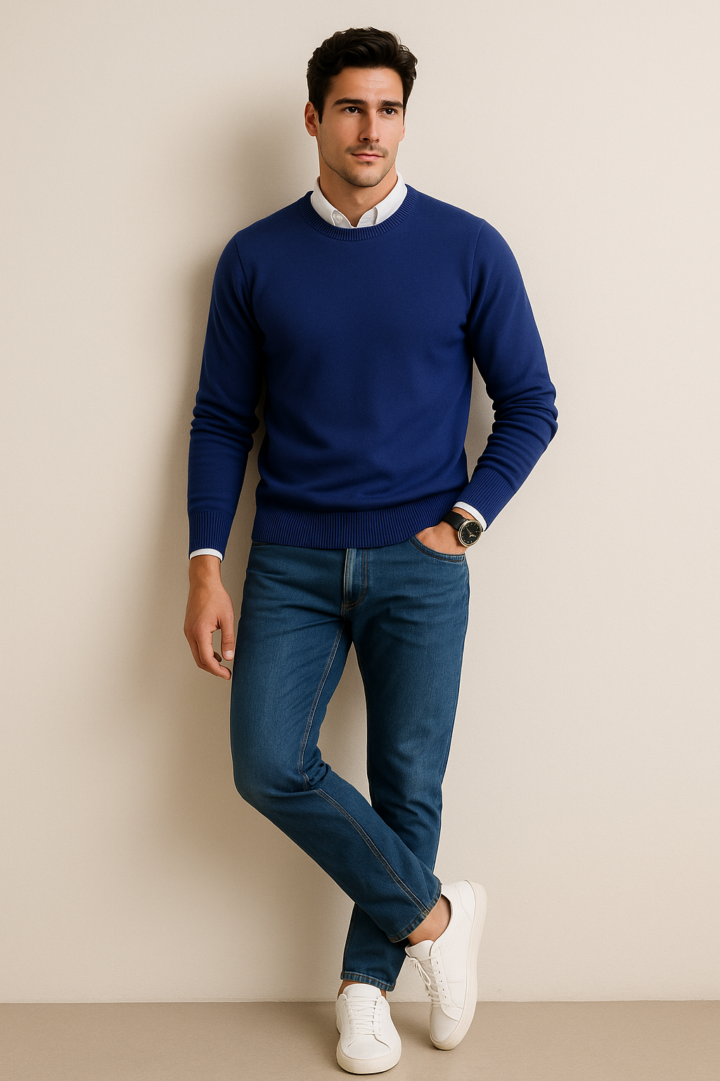 Suéteres Para Hombre Básico de Punto Fino E55301 Marino