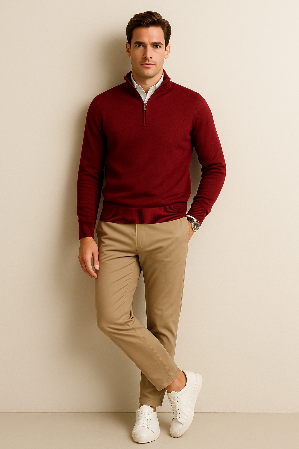 Suéteres Para Hombre De Punto Cuello Alto y Cremallera E55302 Vino