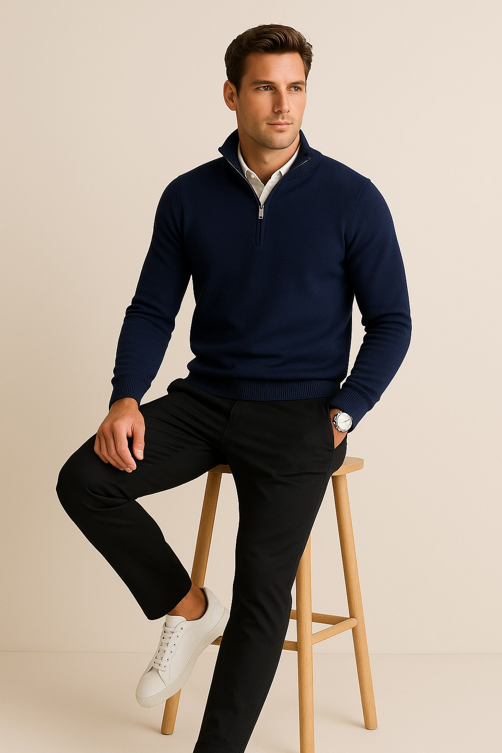 Suéteres Para Hombre De Punto Cuello Alto y Cremallera E55302 Marino