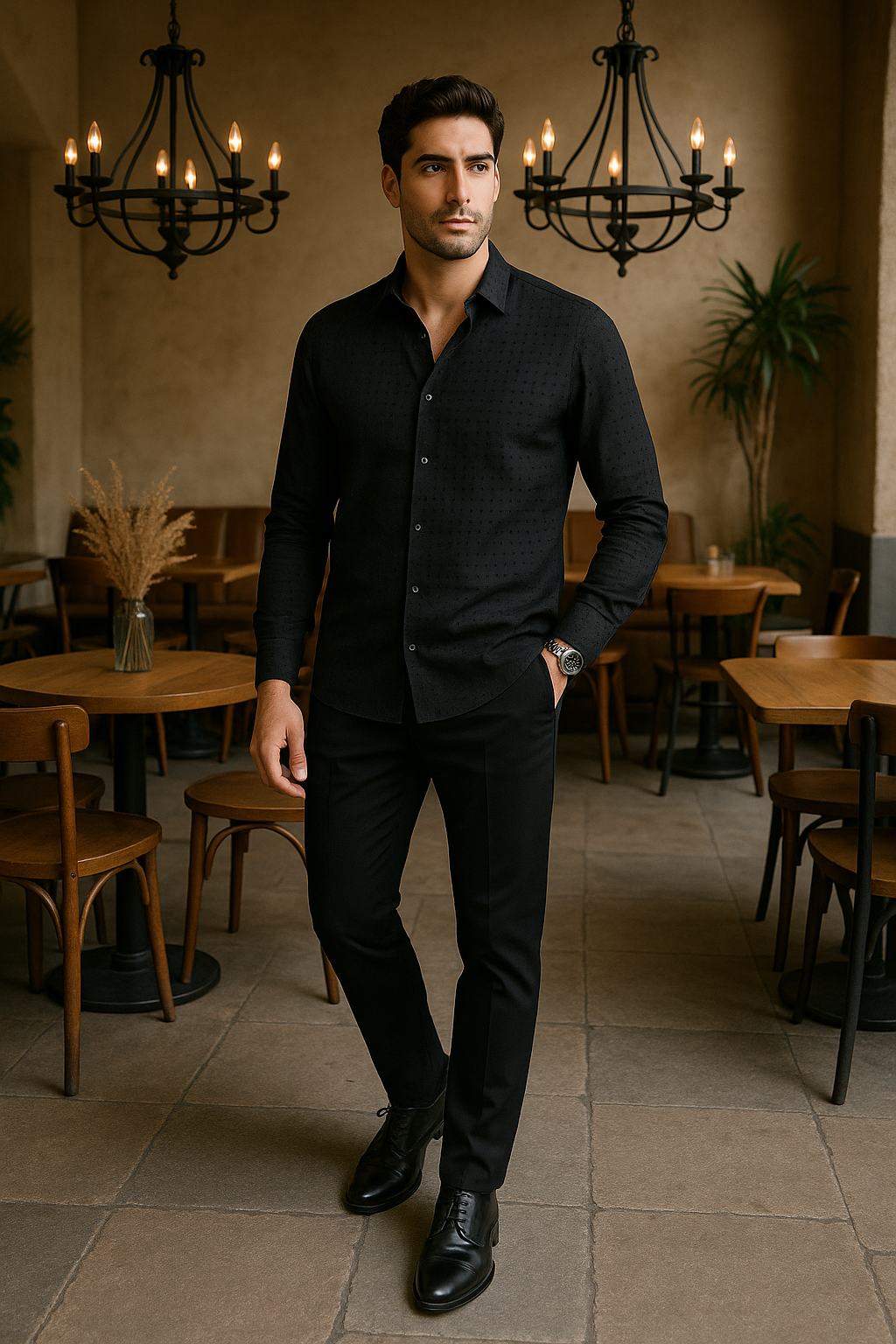 Camisas Para Hombre Elegante Tejido Texturizado B55317 Negro