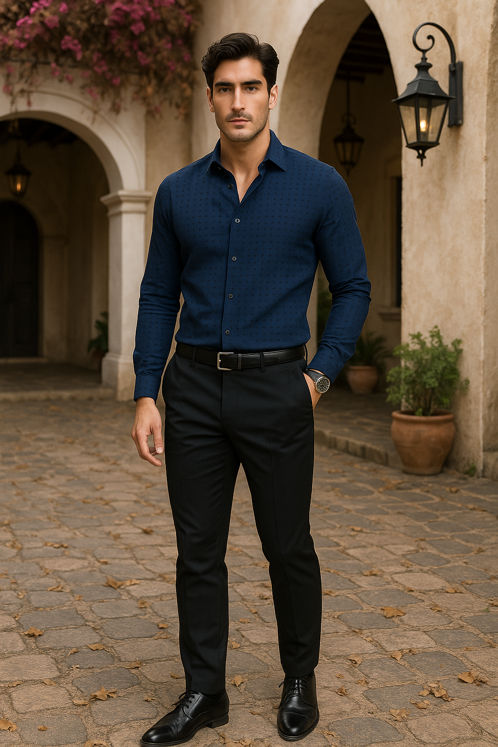 Camisas Para Hombre Elegante Tejido Texturizado B55317 Marino