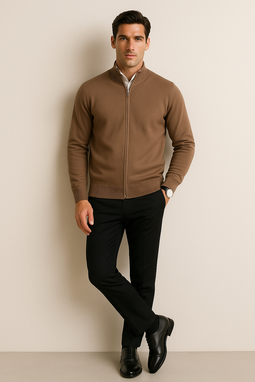 Suéteres Para Hombre De Punto Fino Básico Con Cierre E55304 Topo