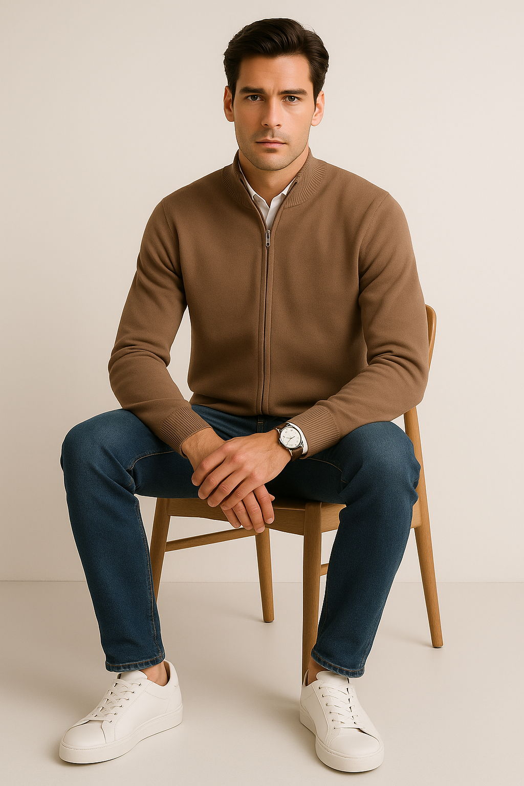 Suéteres Para Hombre De Punto Fino Básico Con Cierre E55304 Topo