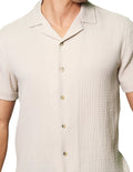 Camisas Para Hombre Bobois Moda Casuales Corrugada De Manga Corta De Cuello Abierto Relaxed Fit B41377 Arena