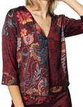 Blusas Para Mujer Bobois Moda Casuales Satinada De Manga Larga Cuello V Con Estampado Floral N33122 Vino