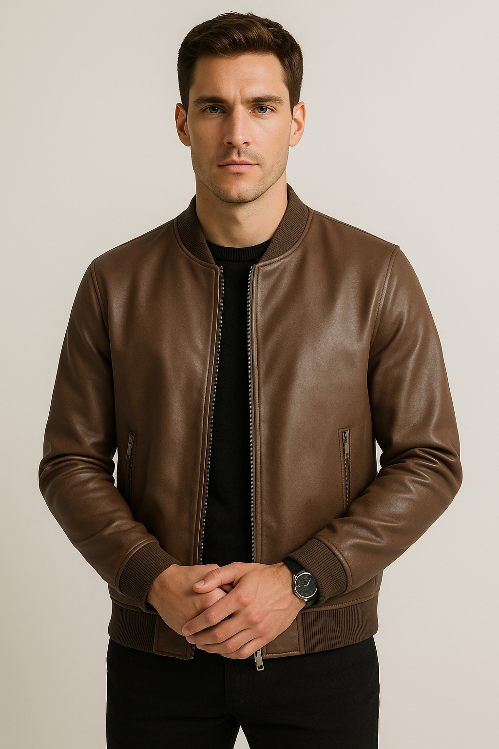 Chamarras Para Hombre Bomber Tipo Piel Cierre Frontal D45306 Chocolate