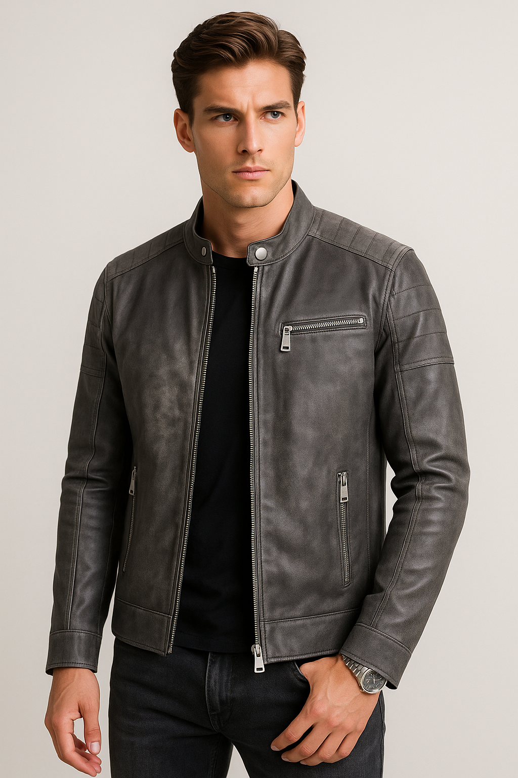 Chamarras Para Hombre Biker Tipo Piel D45308 Gris