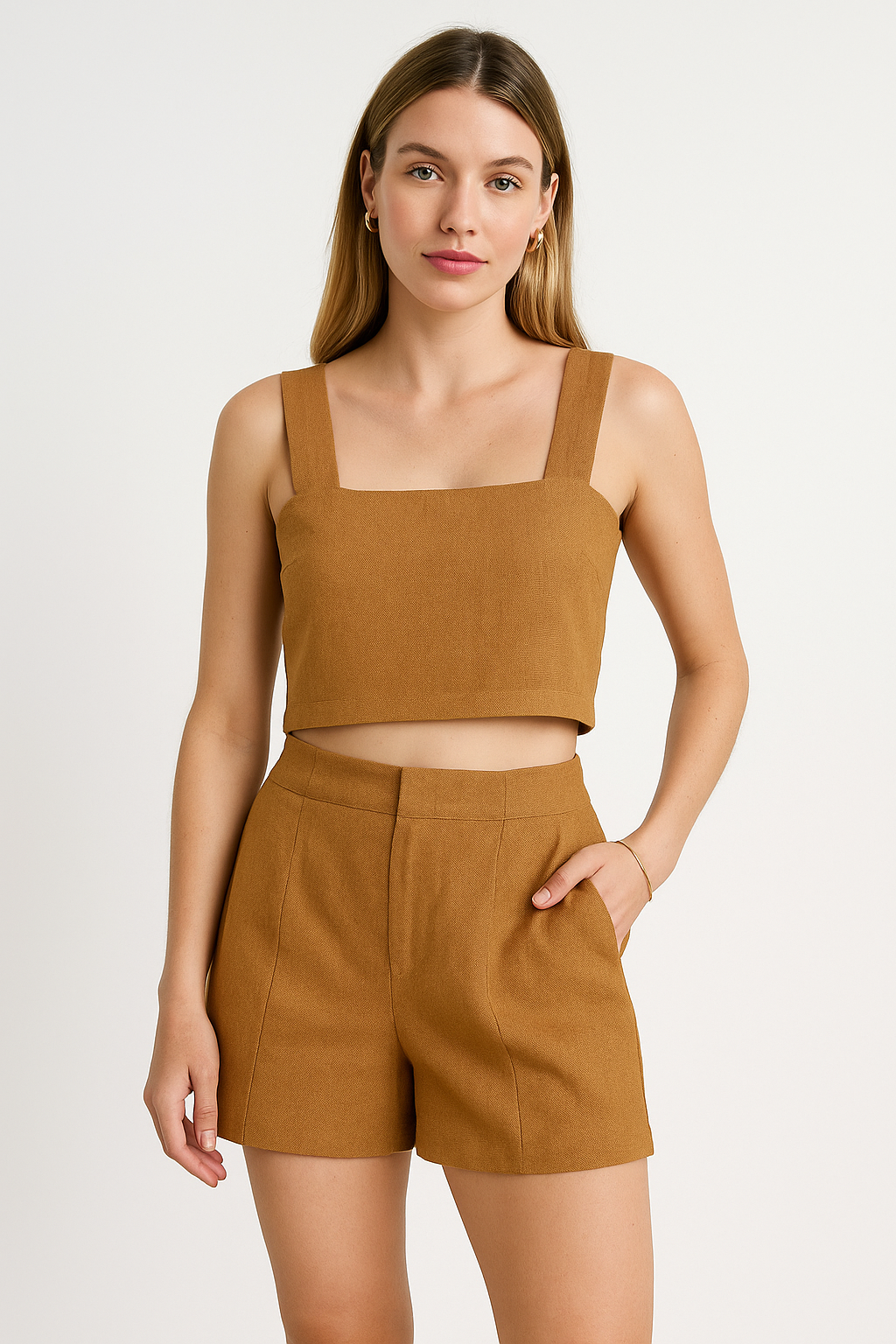 Blusas Para Mujer Top Lino Con Escote De Tirantes N51153 Camel