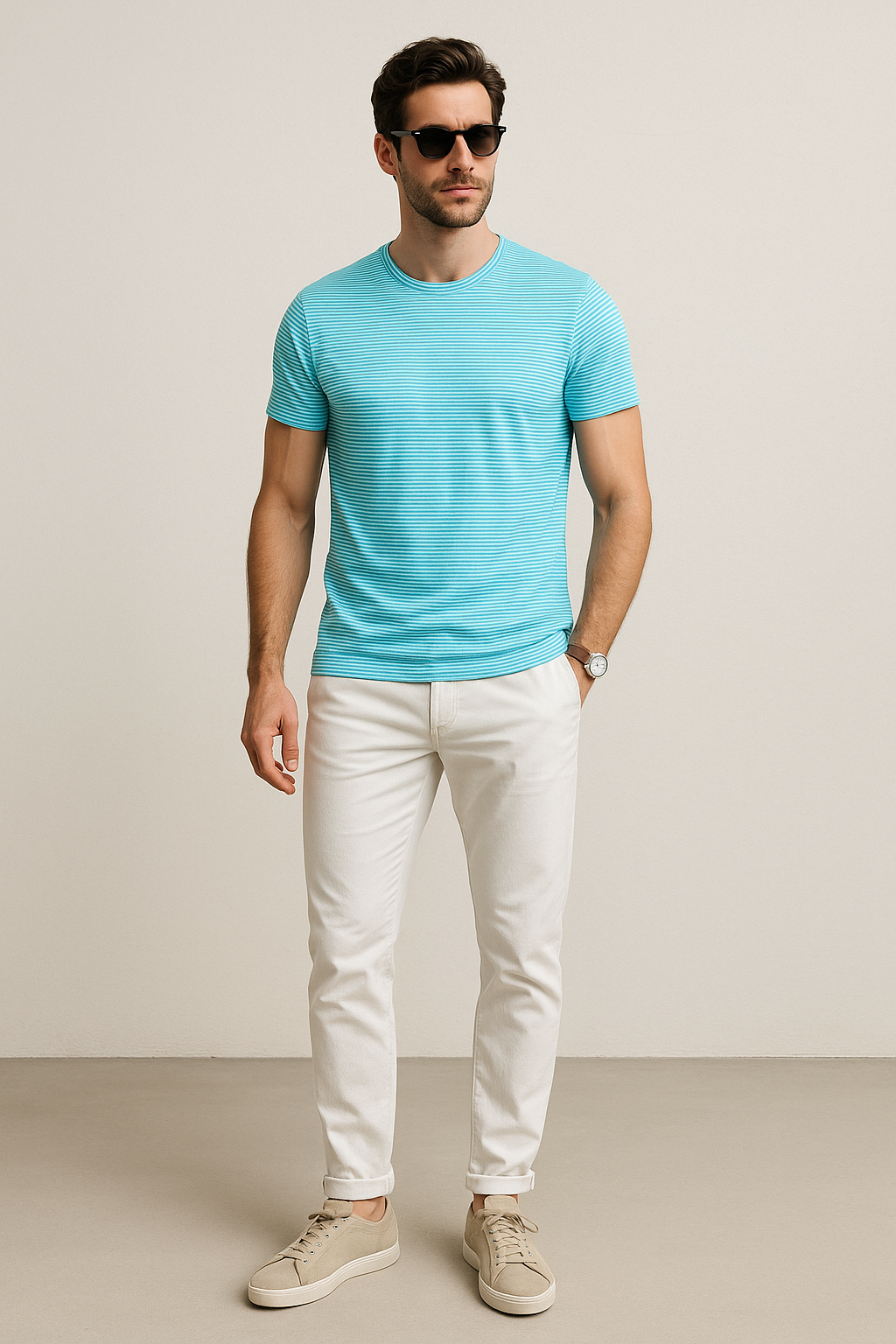Playeras Para Hombre De Manga Corta Con Estampado De Micro Rayas A41111 Aqua