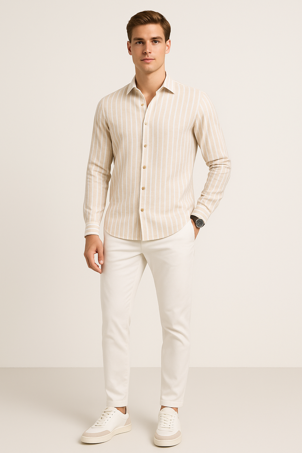 Camisas Para Hombre Tipo Lino Rayas B51323 Kaki