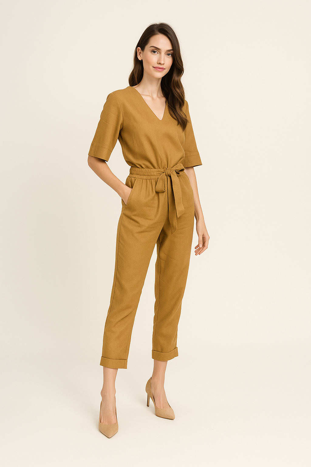 Pantalones Para Mujer Tipo Lino Con Cinta W51102 Camel