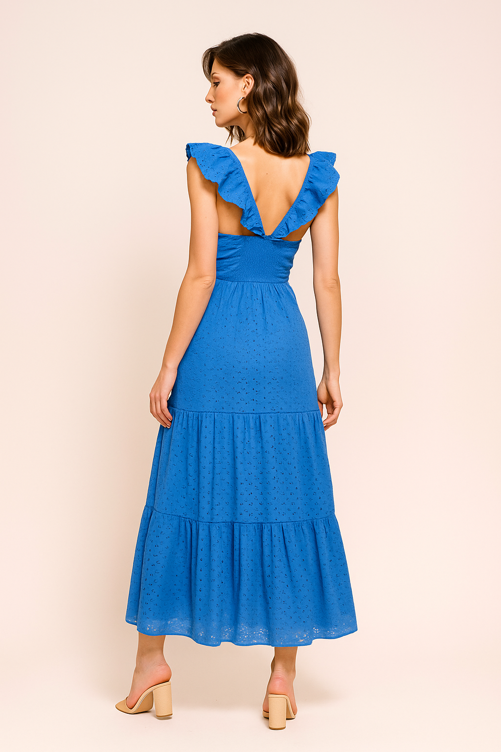 Vestidos Para Mujer Largo Escotado De Tirantes Con Olanes Perforado Con Bordado S41111 Azul