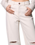 Jeans Wide Leg Para Mujer Bobois Moda Casuales Rotos Pierna Amplia V31106 Hueso