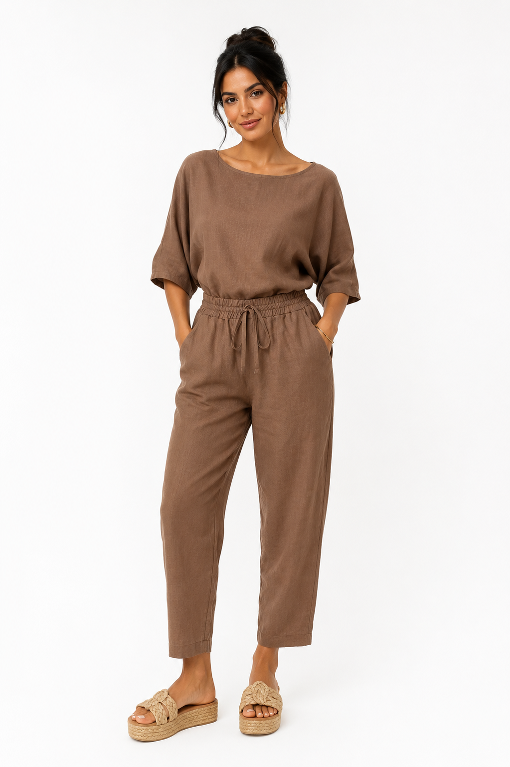Pantalones Para Mujer Liso Tipo Lino Con Jareta W61116 Cocoa