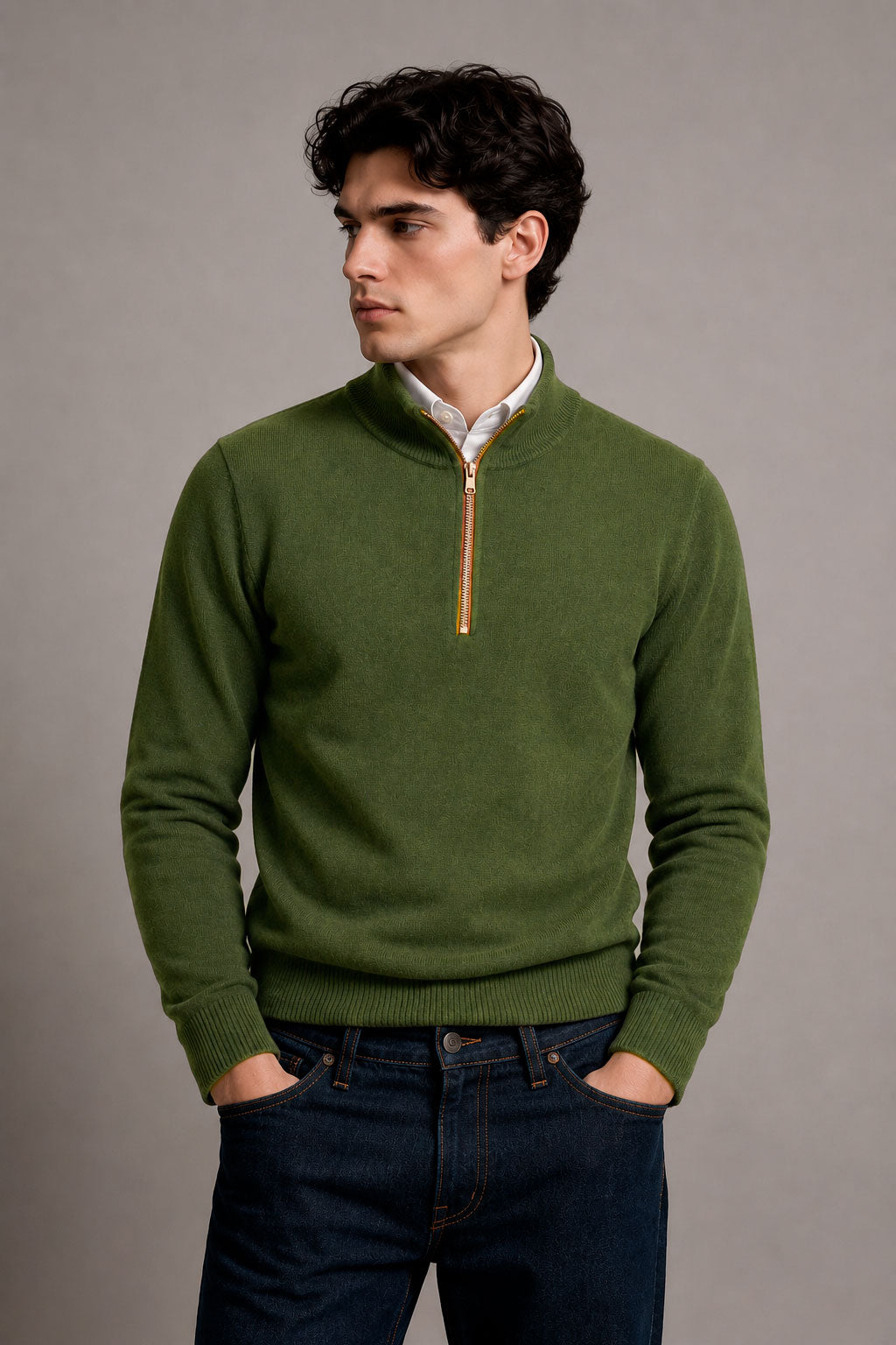 Suéteres Para Hombre Cuello Alto y Cremallera De Punto Fino E65302 Militar