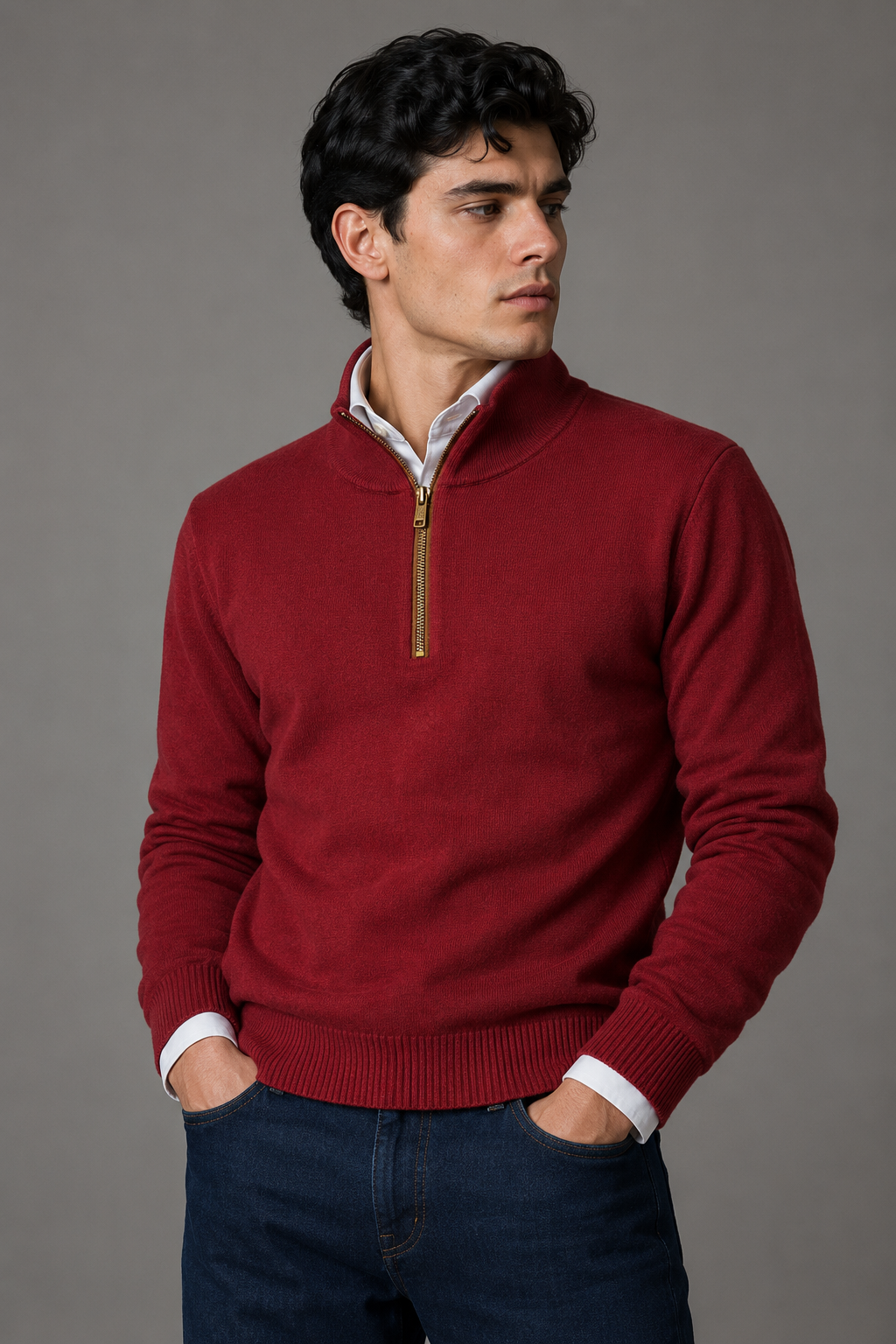 Suéteres Para Hombre Cuello Alto y Cremallera De Punto Fino E65302 Vino