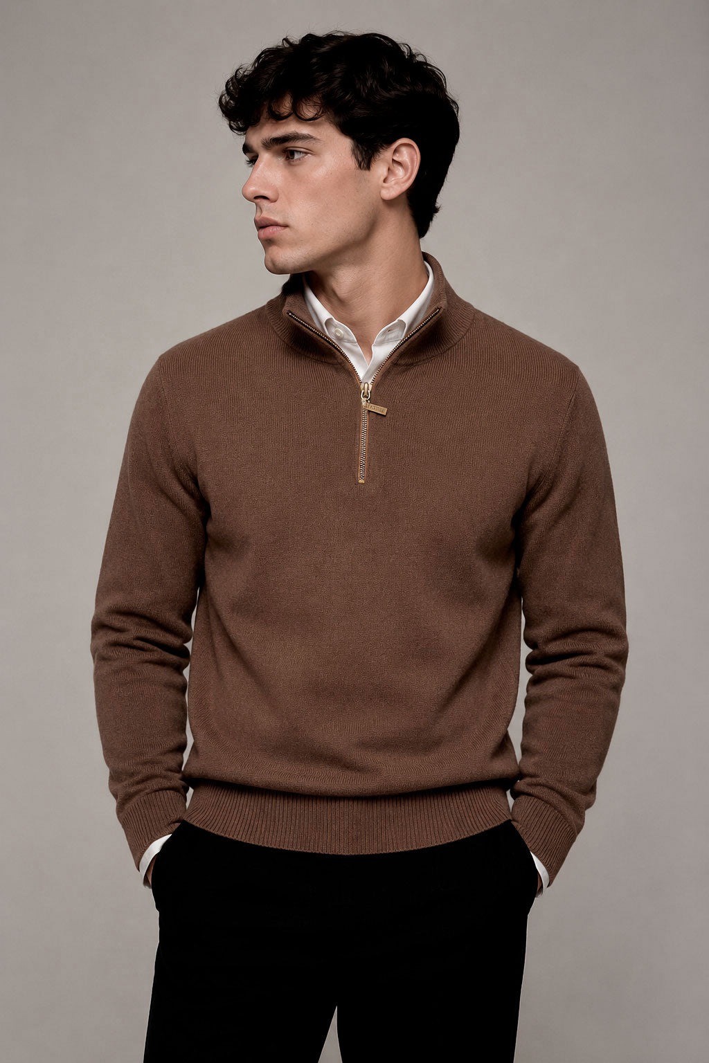 Suéteres Para Hombre Cuello Alto y Cremallera De Punto Fino E65302 Chocolate