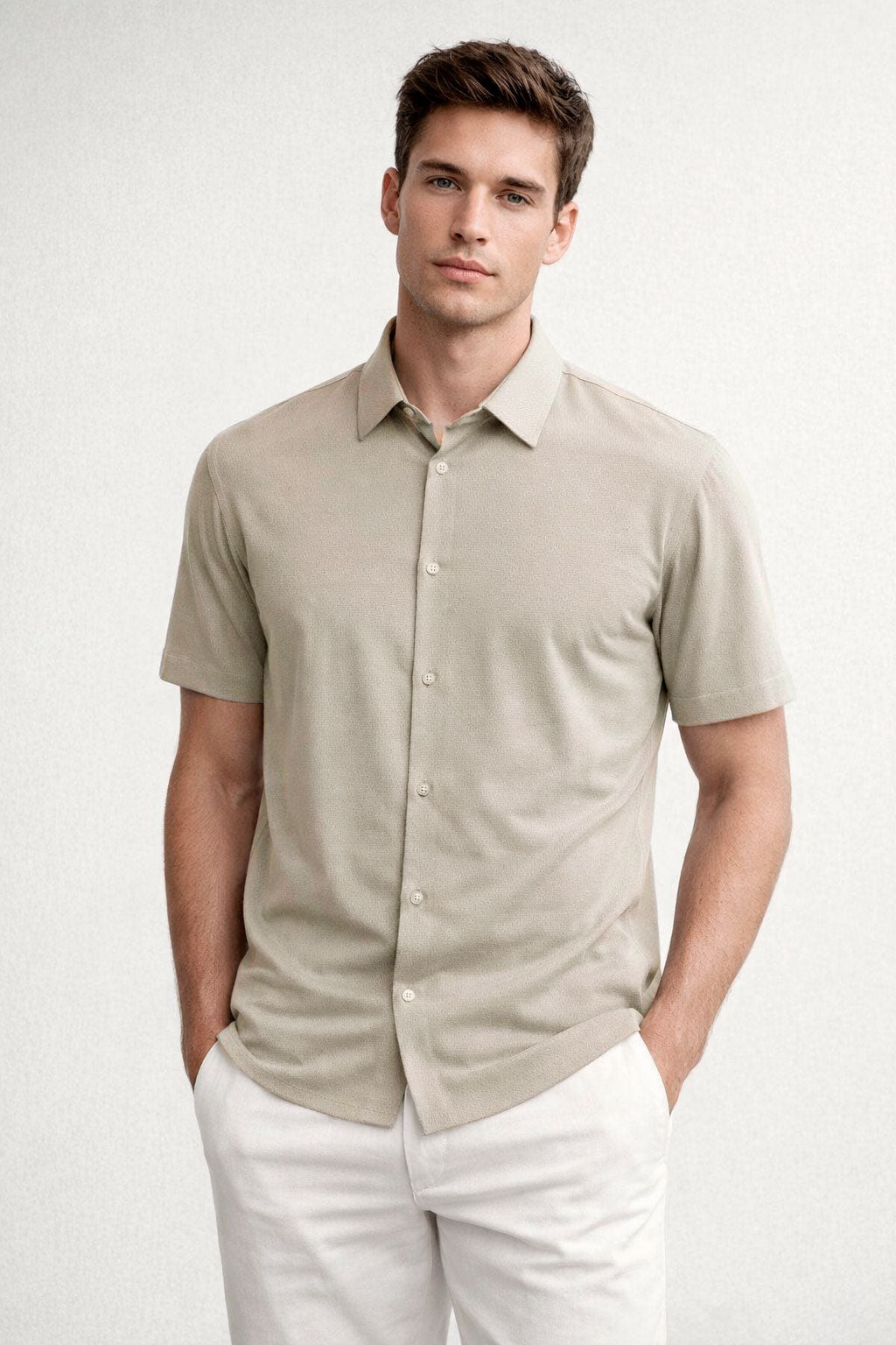 Camisa para Hombre Manga Corta Jacquard Sin Costura Antiarrugas B61451 Beige