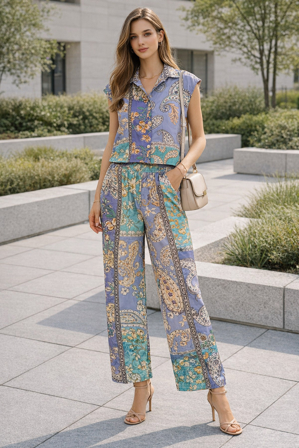 Pantalones Para Mujer Satinado Paisley W61103 Turquesa