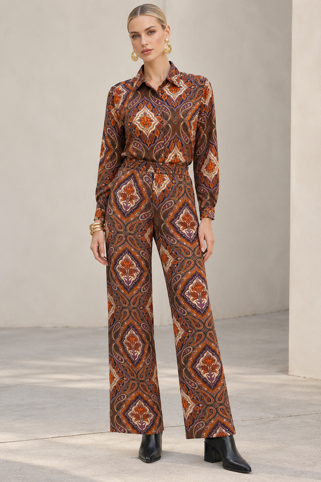 Pantalones Para Mujer Wide Leg Satinado Con Estampado Paisley W63107 Unico