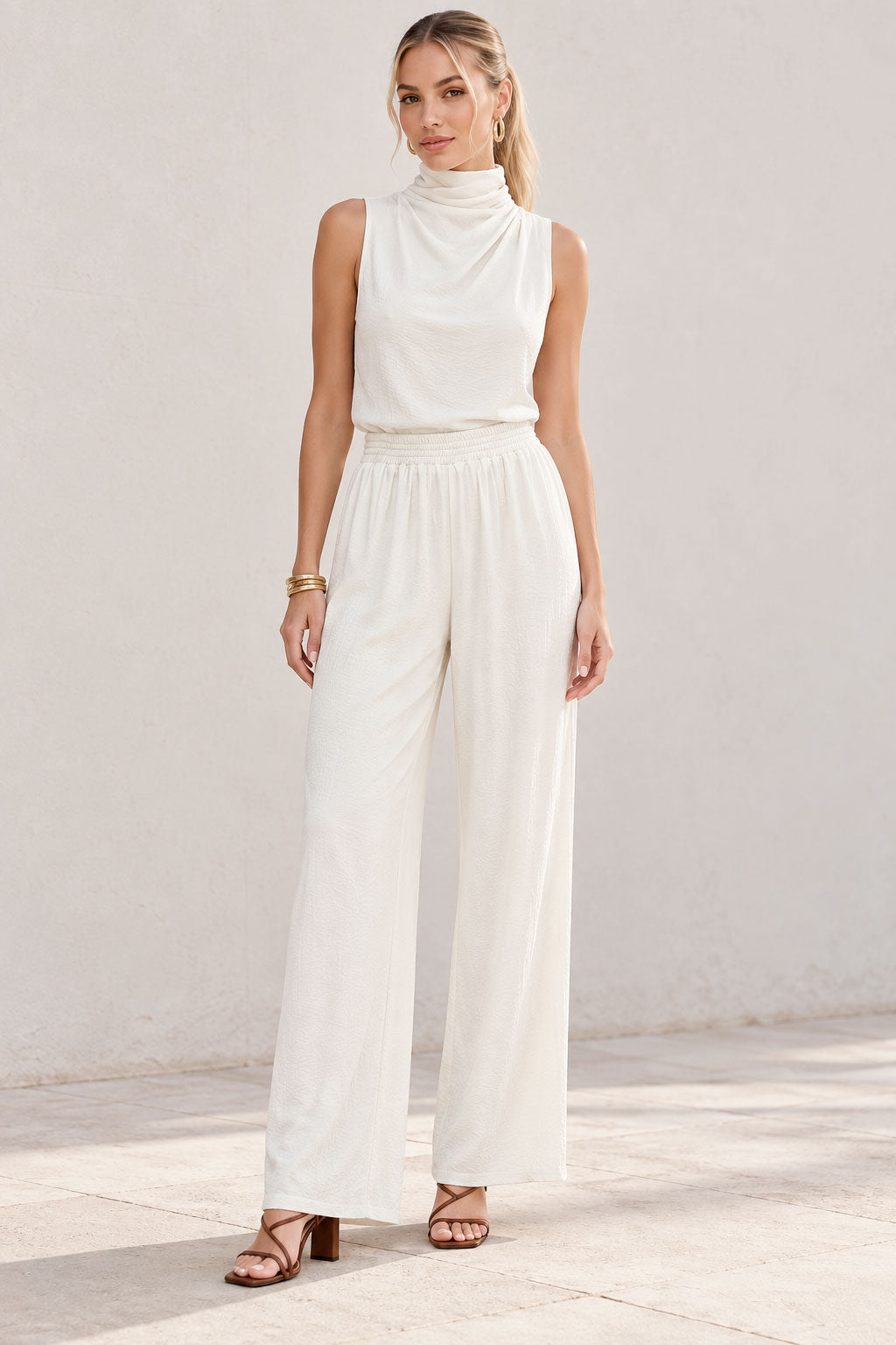 Pantalones Para Mujer De Pierna Ancha Con Cintura Elástica W63113 Hueso