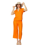 Blusas Para Mujer Bobois Moda Casuales De Manga Corta Tipo Lino Cuello V Con Aletilla N41156 Naranja