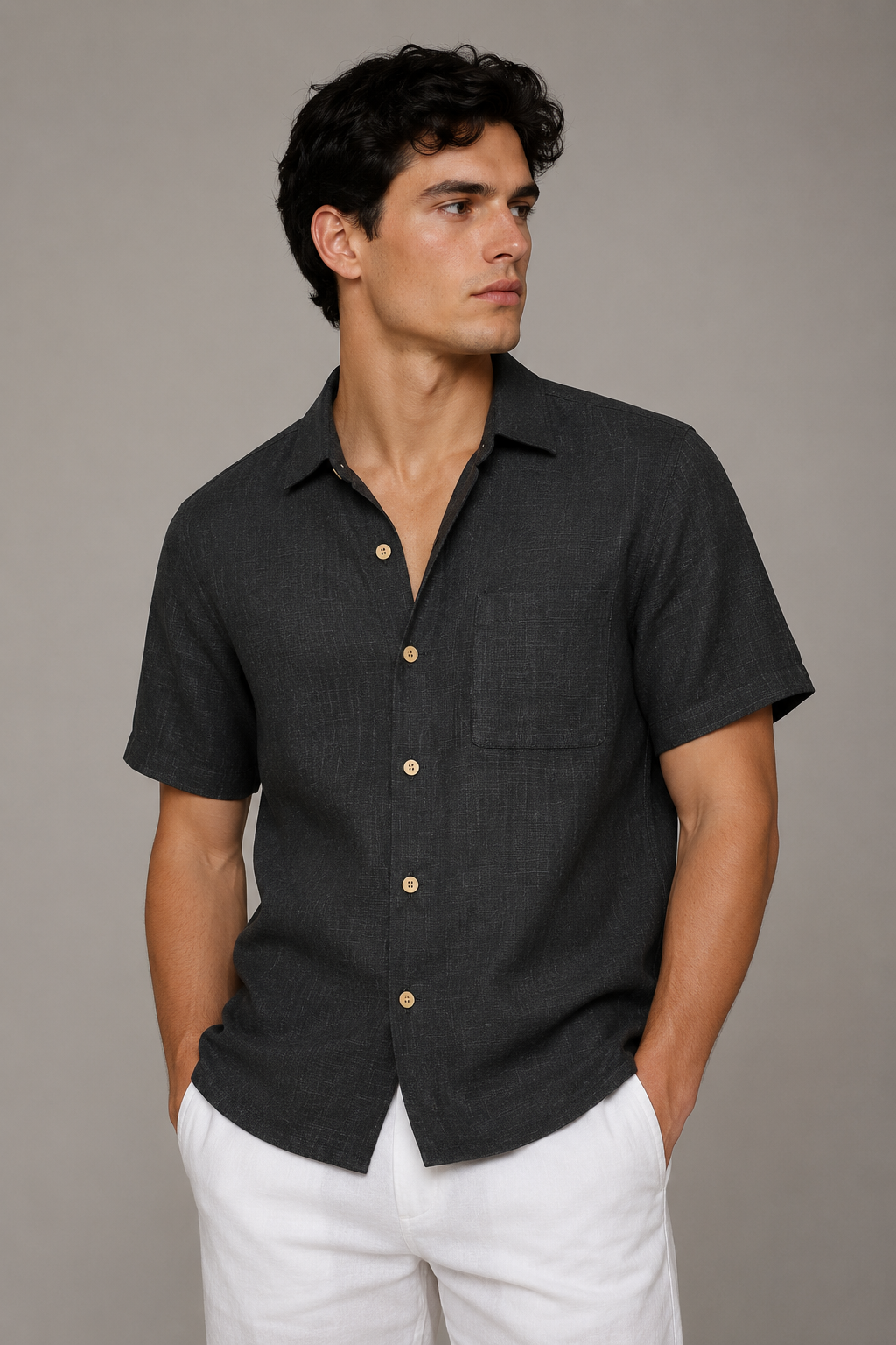 Camisas Para Hombre Manga Corta Albatros Tipo Lino Semi Recta B61561 Negro