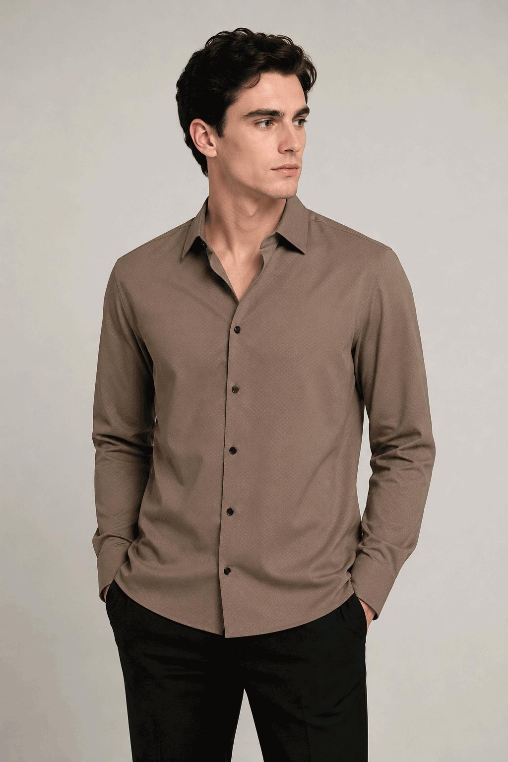 Camisas Para Hombre Jacquard Microperforada Super Stretch Sin Costuras B65407 Moca