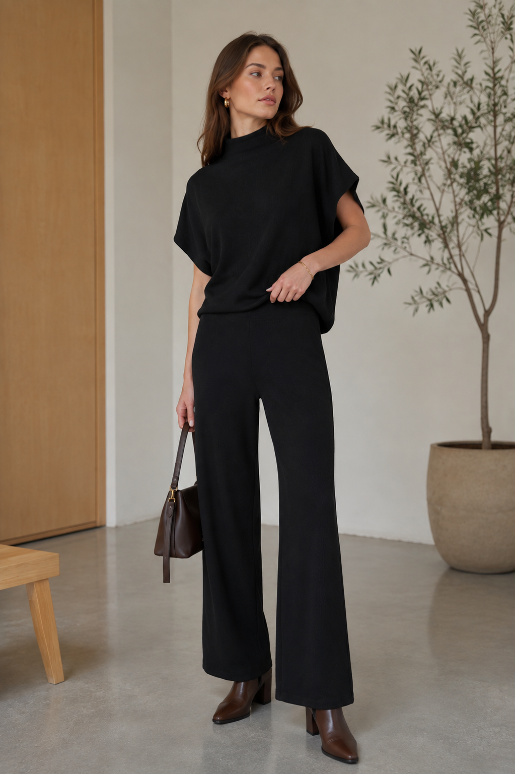 Pantalones Para Mujer De Tejido Texturizado Corte Recto Y Cintura Alta W63120 Negro