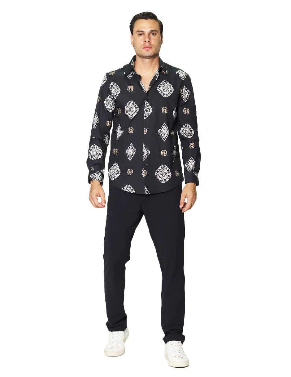 Camisas Para Hombre Manga Larga Estampada B45519 Negro