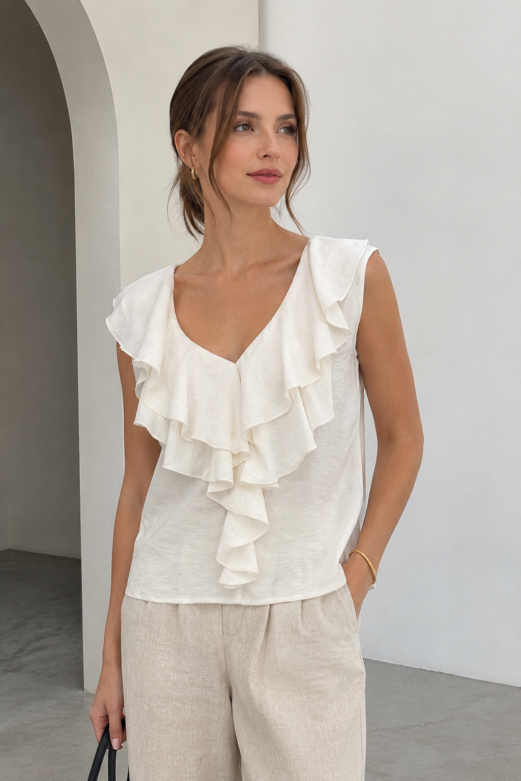 Blusas Para Mujer Con Escote V Con Olanes N61147 Blanco