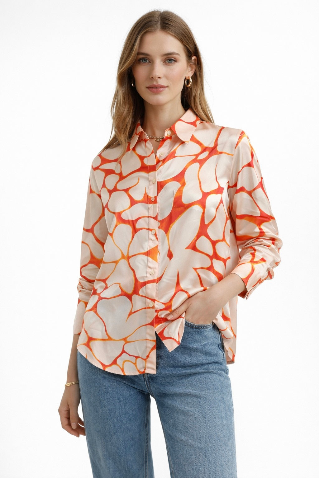 Blusas Para Mujer Camisera Satinada N61106 Naranja