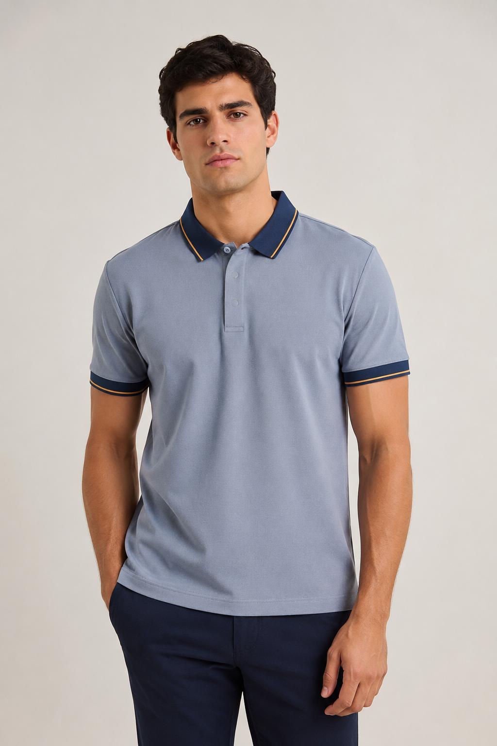 Playeras Polo Para Hombre Microperforada Super Stretch Cuello Contrastante A65408 Azul