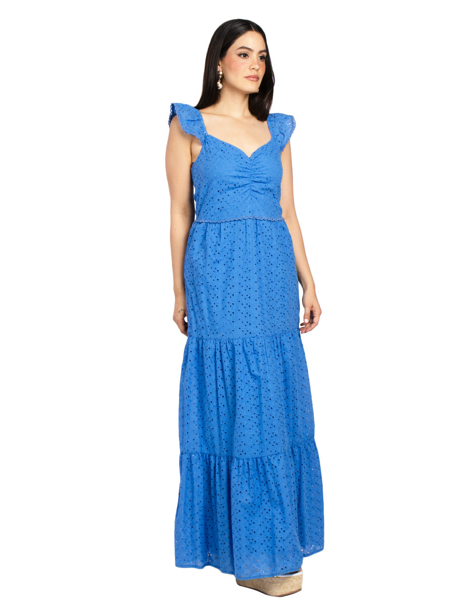 Vestidos Para Mujer Largo Escotado De Tirantes Con Olanes Perforado Con Bordado S41111 Azul