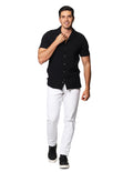 Camisas Para Hombre Bobois Moda Casuales Corrugada De Manga Corta De Cuello Abierto Relaxed Fit B41377 Negro