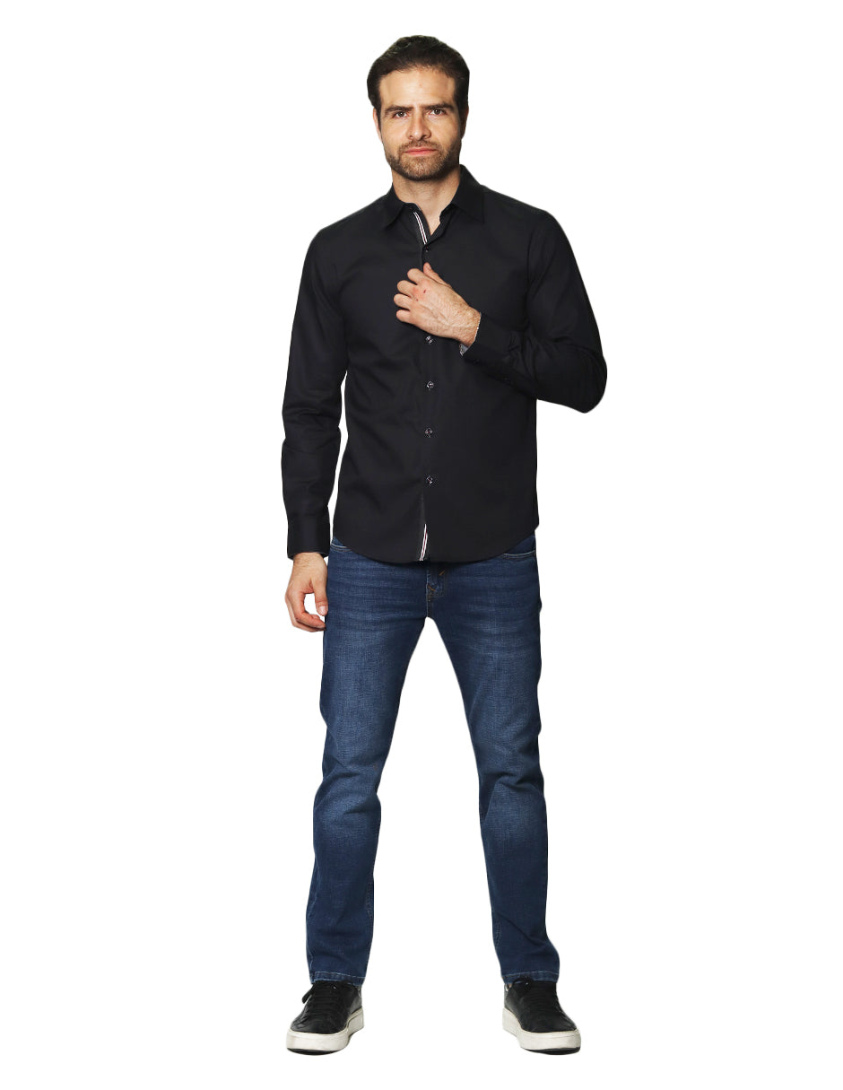 Camisas Para Hombre Manga Larga Micro Rayas B45308 Negro