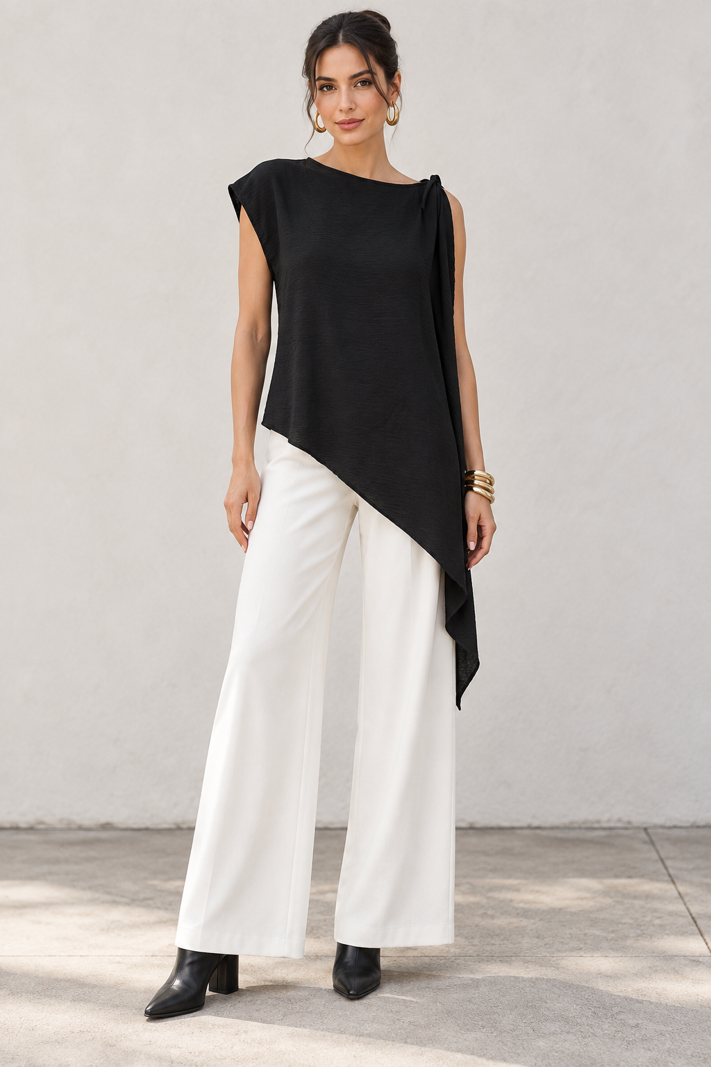 Blusas Para Mujer Asimétrica Con Lazo En Hombro Y Caída Lateral N63137 Negro