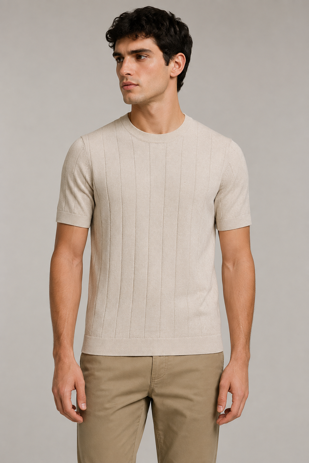 Playeras Para Hombre de Punto Tejida Acanalada A61452 Beige