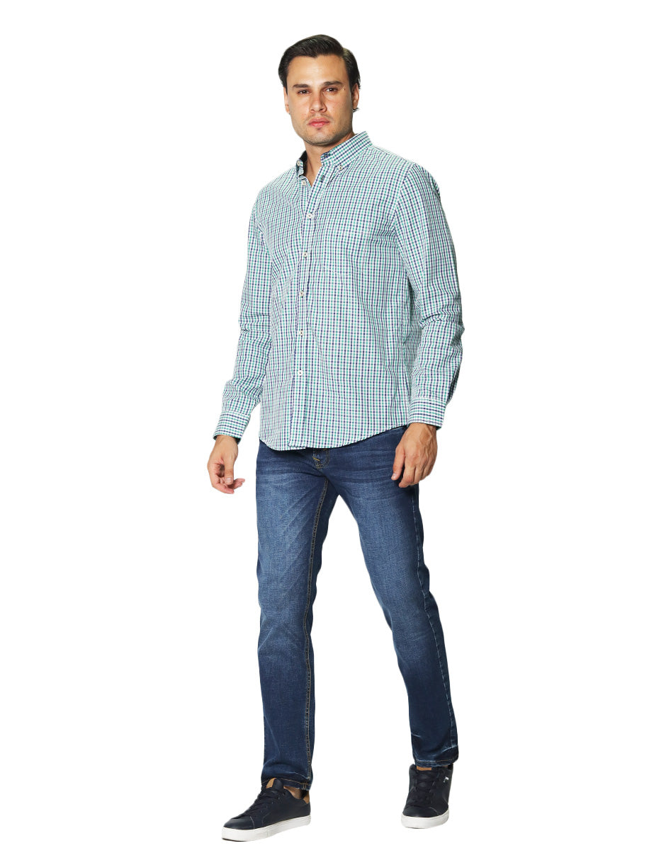 Camisas Para Hombre Manga Larga Cuadros Bicolor B45203 Verde