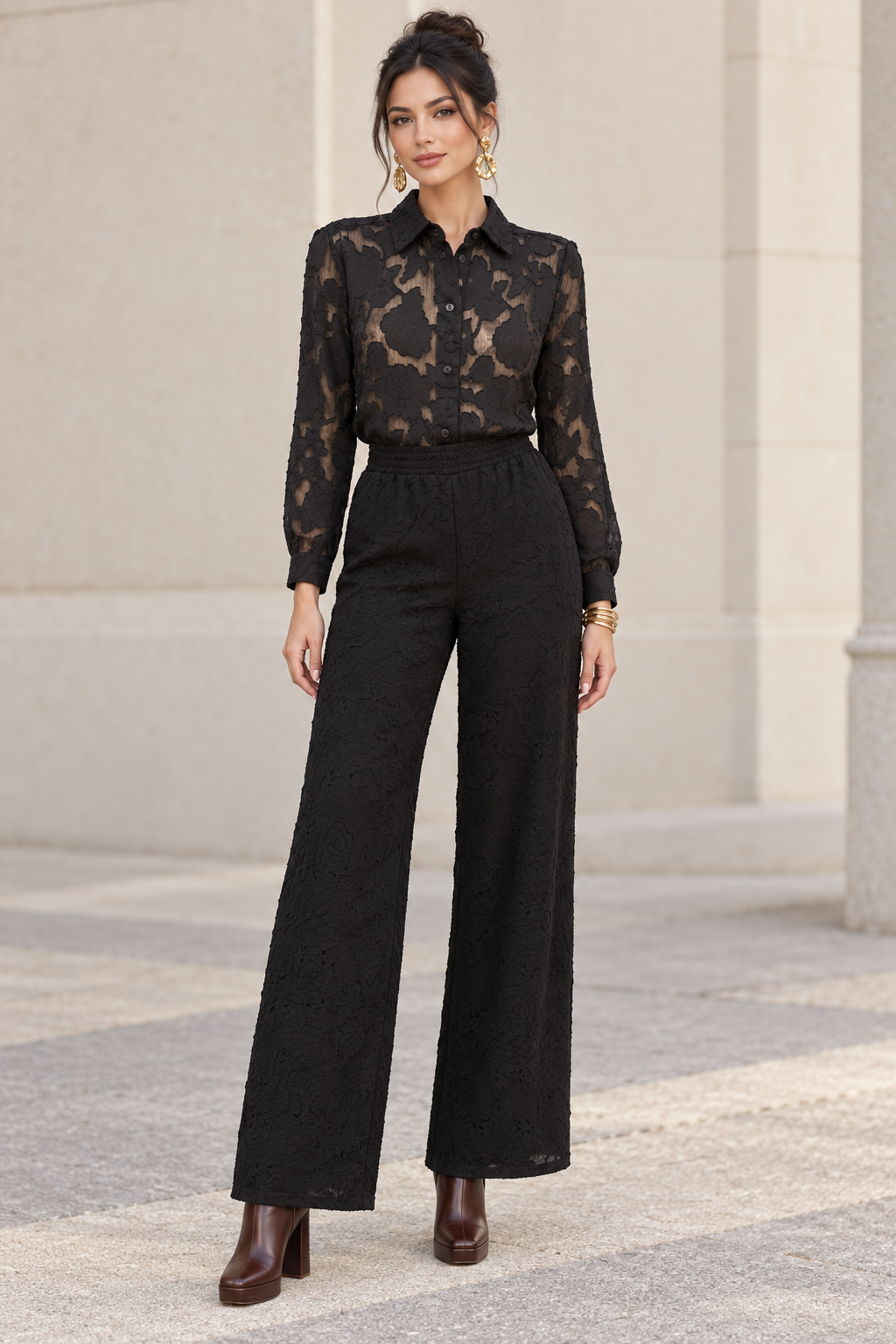 Pantalones Para Mujer Jacquard Floral Pierna Ancha Con Resorte W63117 Negro